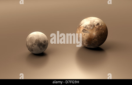 A rendered size comparison of the Jupiter Moon Ganymede and the Earth Moon. Stock Photo