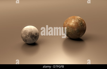 A rendered size comparison of the Jupiter Moon Callisto and the Earth Moon. Stock Photo