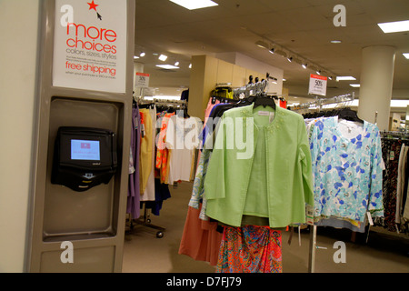 Miami Florida,Dadeland mall,display case sale,Macy's,department store,interior inside,women's,clothing,accessories,luxury,price scanner,barcode reader Stock Photo