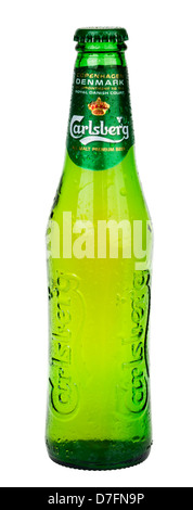 Tel-Aviv Israel - 20th March 2011: 0.33 liter bottle cold Carlsberg beer sweating drops water isolated on white background. Stock Photo