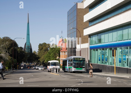 Looking south down Barrack street from St.Georges Terrace, towards the Bell Tower monument, Perth, Western Australia. Stock Photo