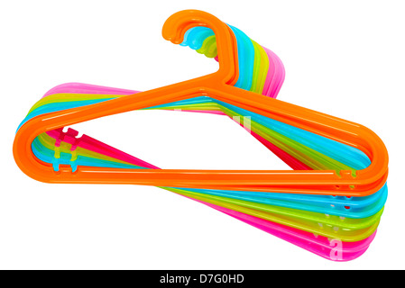 Colored plastic hangers isolated on white background Stock Photo