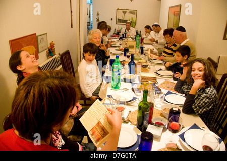 family celebrating the Seder (Passover night service) Stock Photo