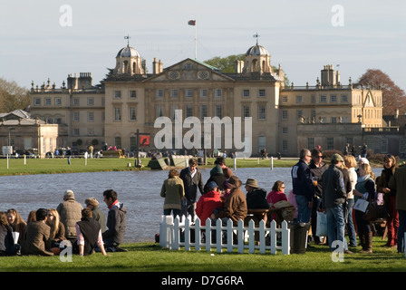 Badminton House during the Badminton Horse Trials spectators enjoy a drink at he end of the day after eventing around The Lake. Badminton Estate,  Gloucestershire England  2013  2010s UK HOMER SYKES Stock Photo