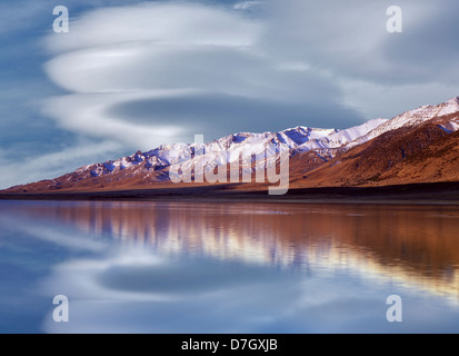 Sunrise on Steens Mountains with reflection in Mann Lake. Oregon. Stock Photo