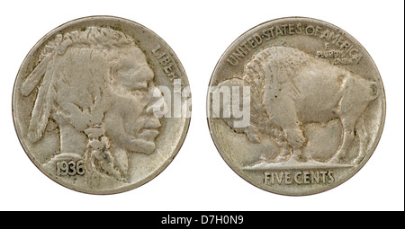 obverse and reverse of a 1936 indian head buffalo five cent nickel coin isolated on white Stock Photo