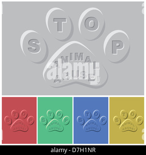 illustration of paws in different color sample with slogan - stop animal abuse inset. Stock Photo