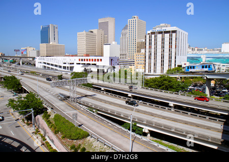 Miami Florida,downtown,city skyline,I 95 Interstate exit ramps,highway,Metromover,people mover,buildings,city skyline,traffic,FL121030062 Stock Photo