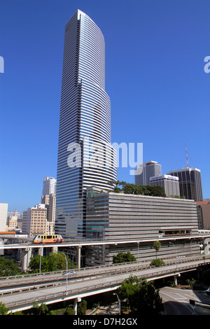 Miami Florida,downtown,city skyline,I 95 Interstate exit ramps,highway,Metromover,people mover,office building,traffic,Miami Tower,high rise skyscrape