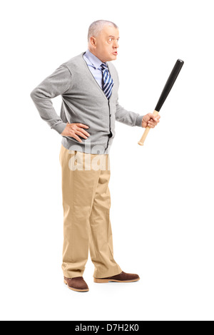 Full length portrait of an angry middle aged man holding a baseball bat, isolated on white background Stock Photo