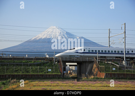 Japan, Shizuoka Prefecture, Fuji City, Mt. Fuji and Shinkansen Bullet Train Stock Photo