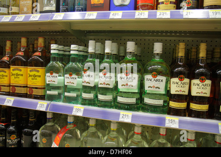 Miami Beach Florida,Walgreens,liquor store,shelf shelves,retail display case sale,prices,bottles,alcoholic drink drinks,Bacardi,rum,Jose Cuervo,FL1212 Stock Photo