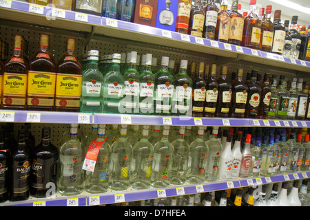 Miami Beach Florida,Walgreens,liquor store,shelf shelves,retail display case sale,prices,bottles,alcoholic drink drinks,Bacardi,rum,Jose Cuervo,FL1212 Stock Photo