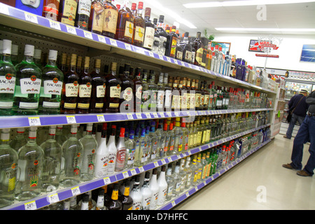 Miami Beach Florida,Walgreens,liquor store,shelf shelves,retail display sale,prices,bottles,alcoholic drink drinks,Bacardi,rum,aisle,FL121231116 Stock Photo