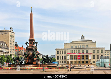 The opera in Leipzig on Augustus Square with Mendebrunnen and Kroch tower Stock Photo