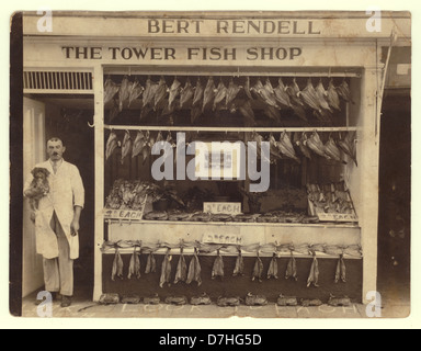 Original occupational portrait portraits of proprietor / owner or staff of a fresh (wet) fish shop owned by Bert Rendell ' The Tower Fish Shop' smoking a cigarette and holding a small dog during the early 1900's, huge display of fish displayed in the shop front window, Tower Hill, Bristol, U.K circa early 1920's Stock Photo