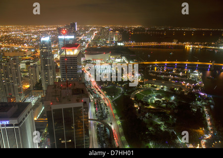 Miami Florida,Biscayne Boulevard,American Airlines Arena,Port Boulevard Bridge,aerial overhead view from above,view,from Southeast Financial Center,ce Stock Photo