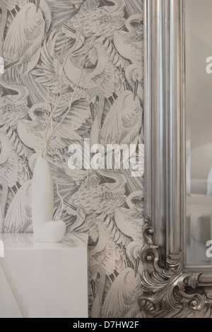 Patterned wallpaper with  white on white attributes, making the image feel clean and contemporary. Stock Photo