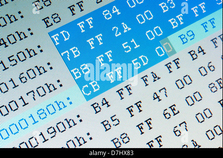 Hexadecimal data close up on computer LCD monitor Stock Photo