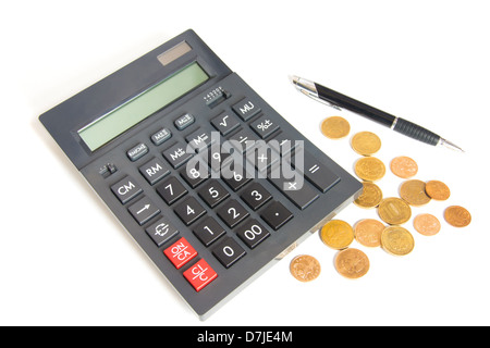 Сalculator, pen and coins close up isolated on white background. Stock Photo