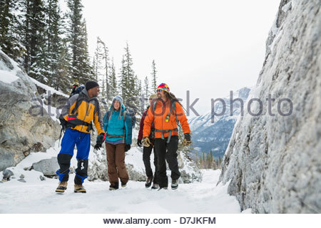 Group of friends on winter hike in mountains