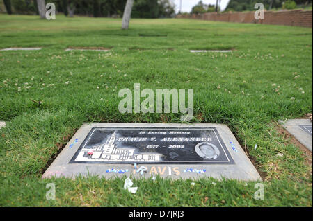 May 08, 2013 - Riverside, California, U.S. - The headstone for Travis Alexander at Olivewood Cemetary in Riverside, marks the spot where his body lies. The killing of Travis Alexander occurred on June 4, 2008, at his home in Mesa, Arizona. Alexander's injuries consisted of multiple stab wounds, a slit throat, and a shot to the head, the medical examiner ruled his death a homicide. Jodi Arias, Alexander's ex-girlfriend, was charged with his murder, and her trial began on January 2, 2013. Arias testified that she killed Alexander in self-defense. The verdict in the trial of Arias is due at 4:30  Stock Photo