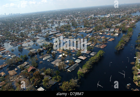 Aerial view of massive flooding and destruction caused by Hurricane Katrina September 7, 2005 in New Orleans, LA. Stock Photo