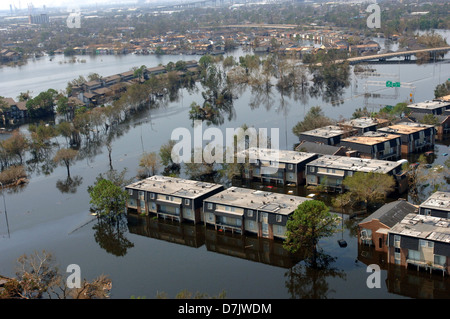 Aerial view of massive flooding and destruction in the aftermath of Hurricane Katrina September 2, 2005 in New Orleans, LA.