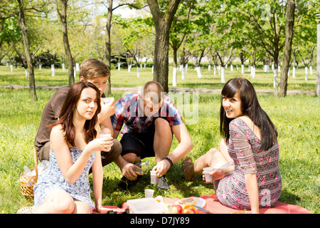 Two attractive young couples enjoying a picnic on lush green grass in a wooded park Stock Photo