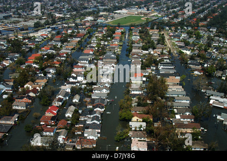 Aerial view of massive flooding and destruction caused by Hurricane Katrina September 4, 2005 in New Orleans, LA. Stock Photo