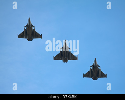 France - Navy Military Single & Two Seat Dassault Rafale Fighter in three ship formation.   SCO 9044 Stock Photo