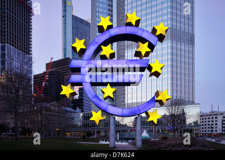Frankfurt am Main, Germany, illuminated euro sculpture in front of ECB Stock Photo