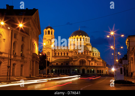 Bulgaria, Europe, Sofia, Floodlit Aleksandur Nevski Memorial Church from Ploshtad National Assembly Square. Stock Photo