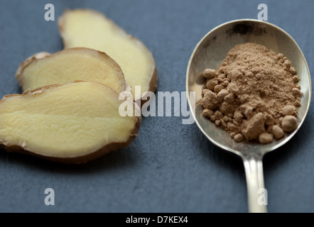 Still life food image of ground ginger on a spoon with sliced root ginger Stock Photo