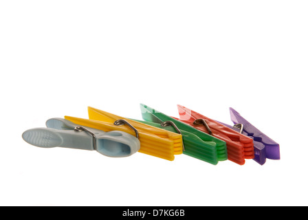 clothes pegs on white background Stock Photo