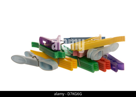 clothes pegs on white background Stock Photo