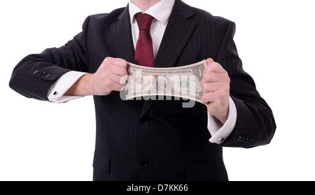 making your money go further, businessman stretching out a dollar isolated on white Stock Photo