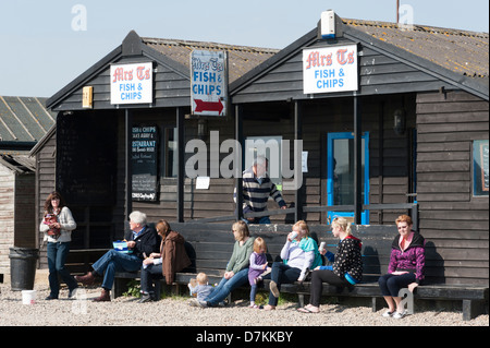 Mrs T's Fish and chip shop  at Southwold harbour Southwold  Suffolk UK with people eating outside Stock Photo
