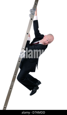 businessman hanging on to ladder isolated on white background Stock Photo