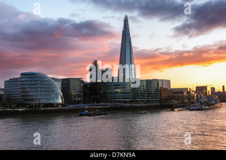 Dusk on the new London skyline, view from tower bridge Stock Photo