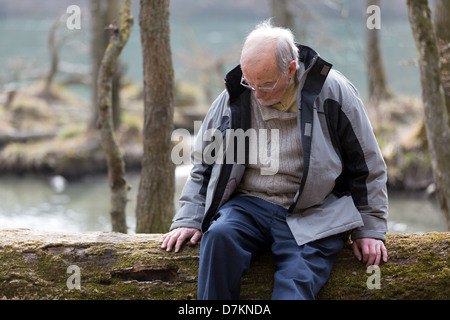 Pensive senior man sitting on trre trunk in nature Stock Photo
