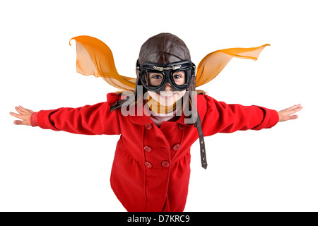 Young girl with pilot goggles and hat isolated in white Stock Photo