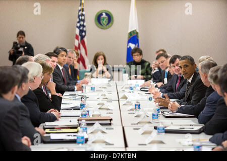 US President Barack Obama attends a meeting with electric utility executives and trade association representatives at the Department of Energy May 8, 2013 in Washington, DC. The group met to discuss lessons learned during the response to Hurricane Sandy as well as the ongoing preparations for the 2013 hurricane season which begins June 1. Stock Photo