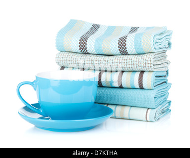 Kitchen towels and blue coffee cup. Isolated on white background Stock Photo