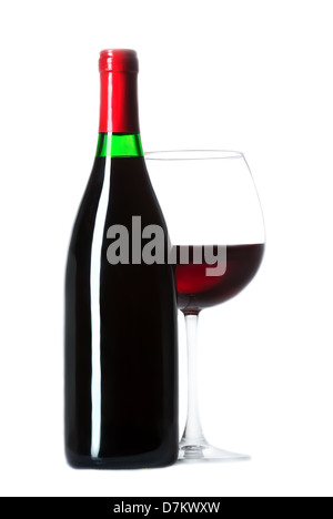 Bottle and a glass filled with wine isolated on white Stock Photo