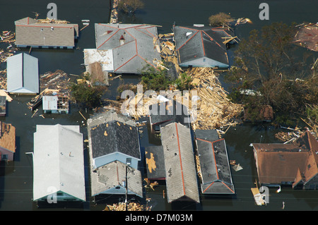 Aerial view of massive flooding and destruction in the aftermath of Hurricane Katrina September 4, 2005 in New Orleans, LA.