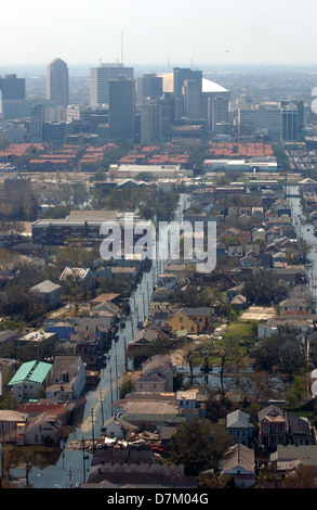 Aerial view of massive flooding and destruction caused by Hurricane Katrina with the Superdome in the background September 4, 2005 in New Orleans, LA. Stock Photo