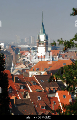 Rooftops of Freiburg, with the Martinstor Stock Photo