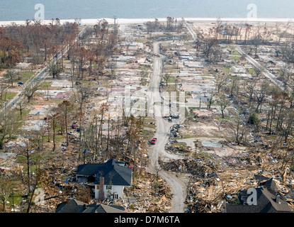Aerial view of destroyed homes in the aftermath of Hurricane Katrina September 6, 2005 in Gulfport, MS.