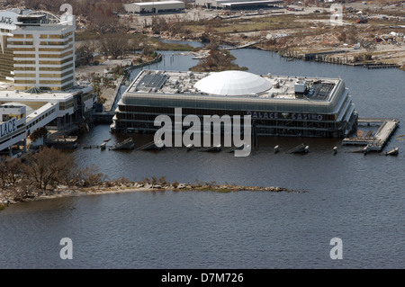 Aerial view of the Palace Casino partially submerged and severely damaged in the aftermath of Hurricane Katrina September 6, 2005 in Biloxi, MS. Stock Photo